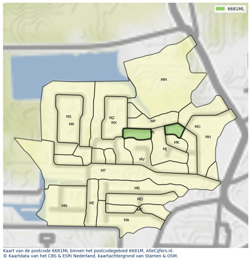 Afbeelding van het postcodegebied 6681 ML op de kaart.