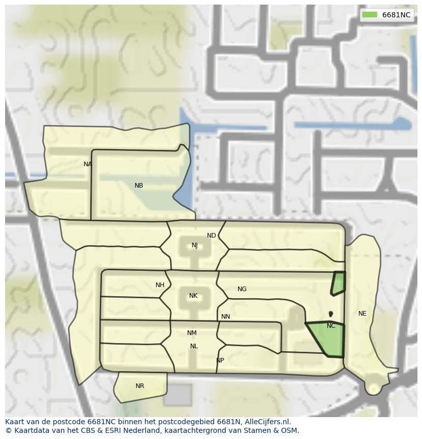 Afbeelding van het postcodegebied 6681 NC op de kaart.