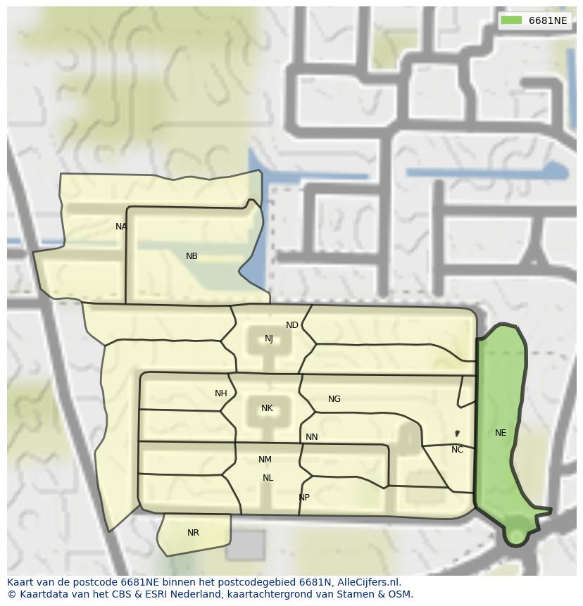 Afbeelding van het postcodegebied 6681 NE op de kaart.