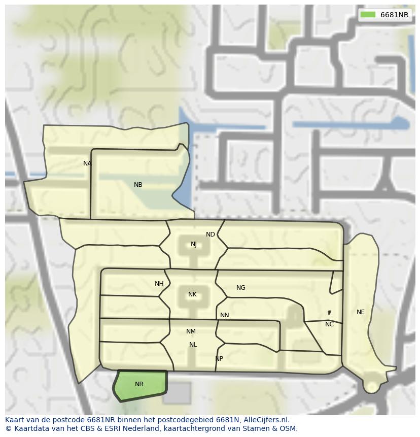 Afbeelding van het postcodegebied 6681 NR op de kaart.