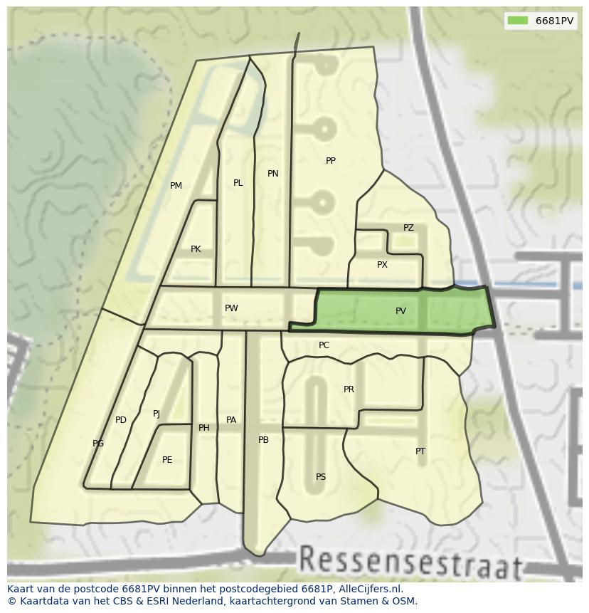Afbeelding van het postcodegebied 6681 PV op de kaart.