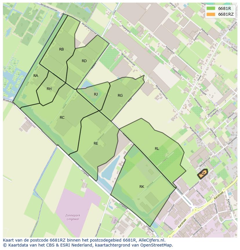 Afbeelding van het postcodegebied 6681 RZ op de kaart.