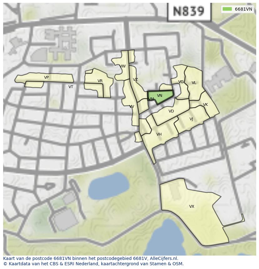 Afbeelding van het postcodegebied 6681 VN op de kaart.