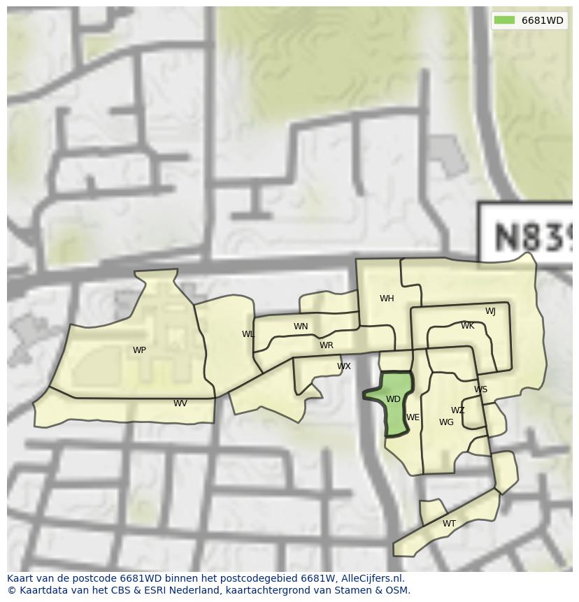 Afbeelding van het postcodegebied 6681 WD op de kaart.