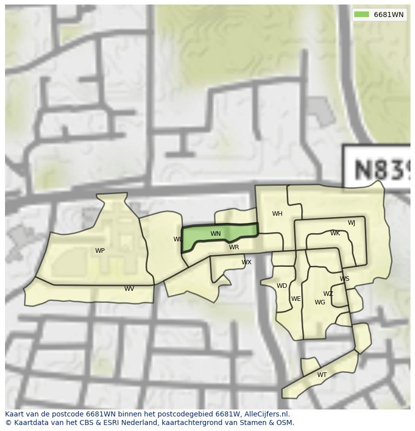 Afbeelding van het postcodegebied 6681 WN op de kaart.