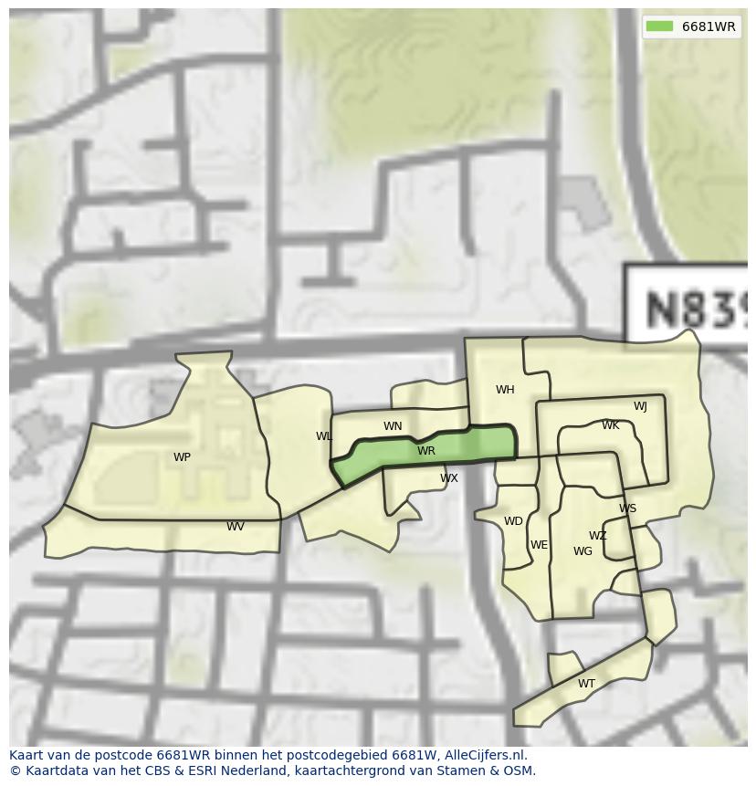 Afbeelding van het postcodegebied 6681 WR op de kaart.