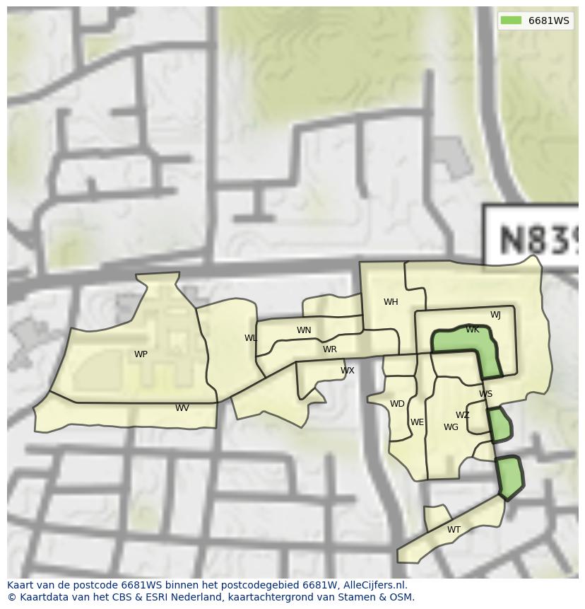 Afbeelding van het postcodegebied 6681 WS op de kaart.