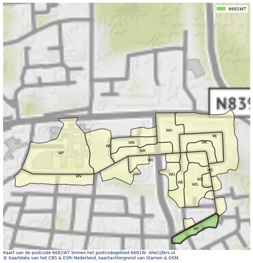 Afbeelding van het postcodegebied 6681 WT op de kaart.