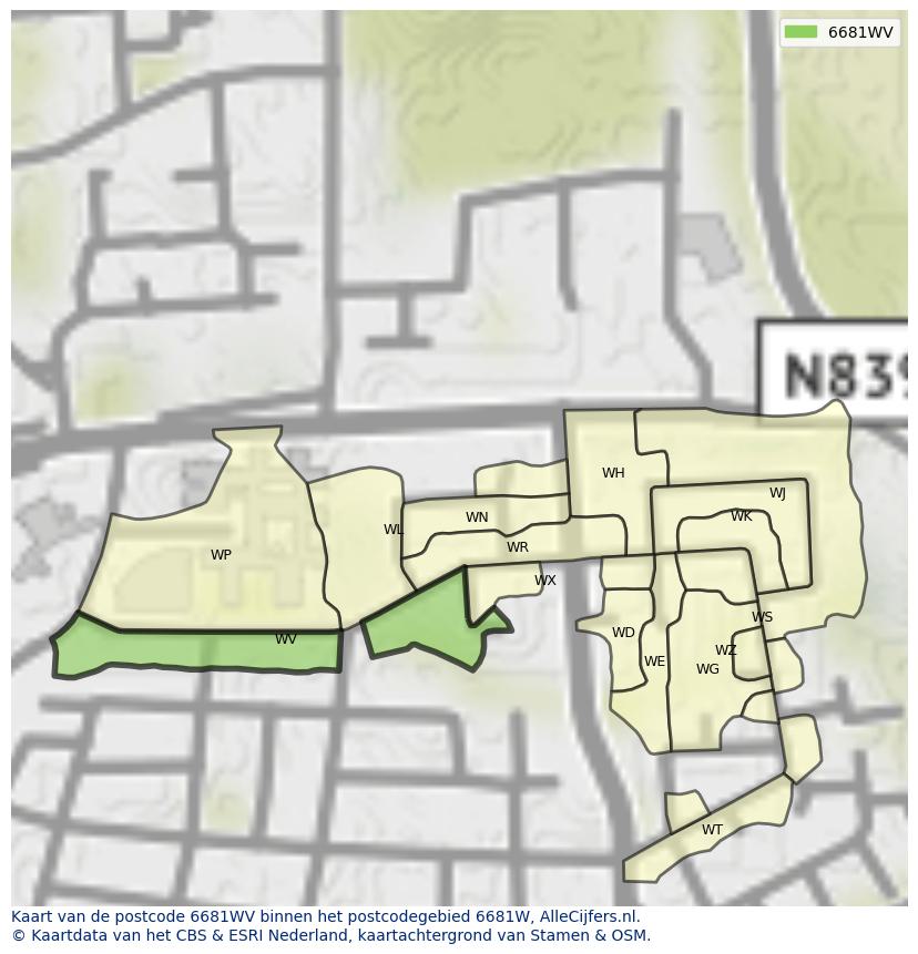 Afbeelding van het postcodegebied 6681 WV op de kaart.