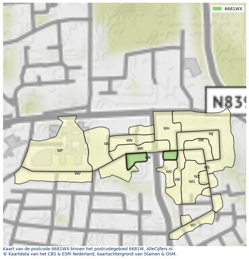 Afbeelding van het postcodegebied 6681 WX op de kaart.