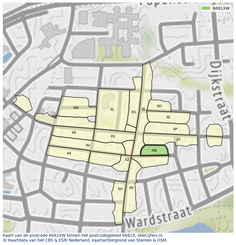 Afbeelding van het postcodegebied 6681 XW op de kaart.