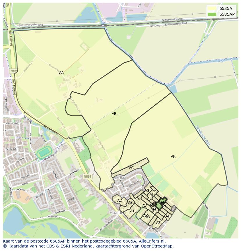 Afbeelding van het postcodegebied 6685 AP op de kaart.