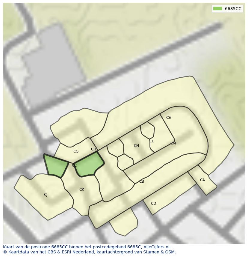 Afbeelding van het postcodegebied 6685 CC op de kaart.