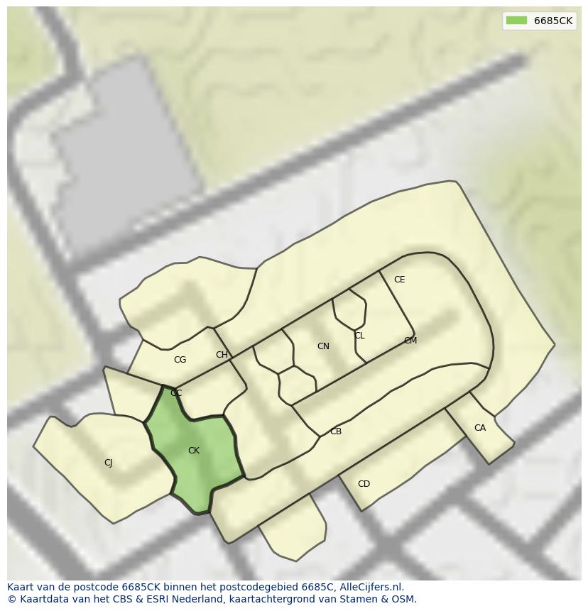 Afbeelding van het postcodegebied 6685 CK op de kaart.