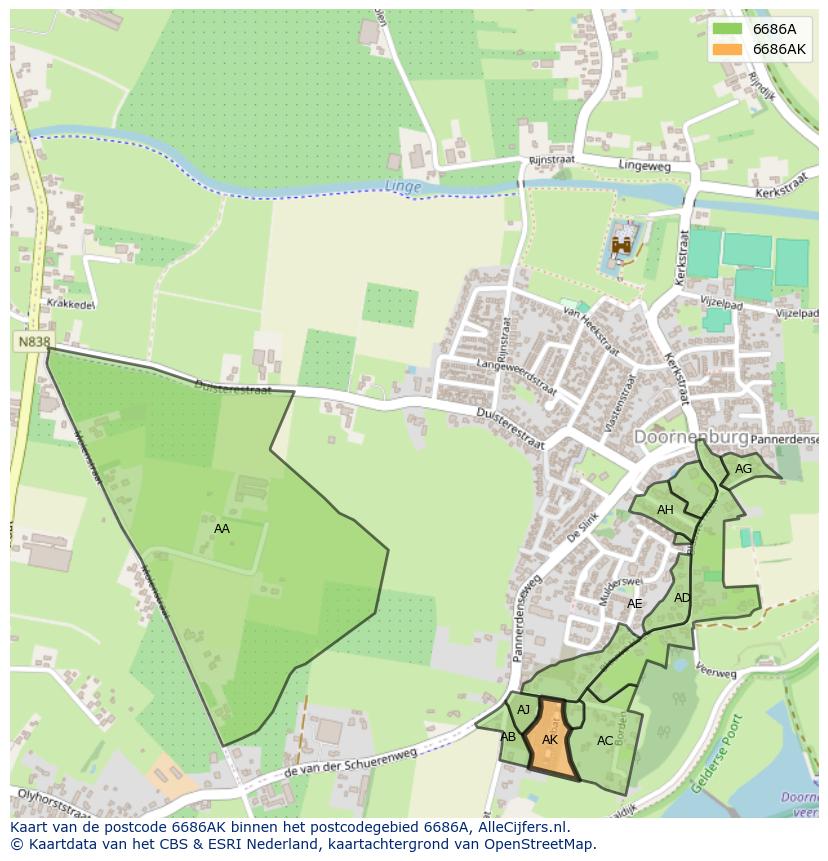 Afbeelding van het postcodegebied 6686 AK op de kaart.
