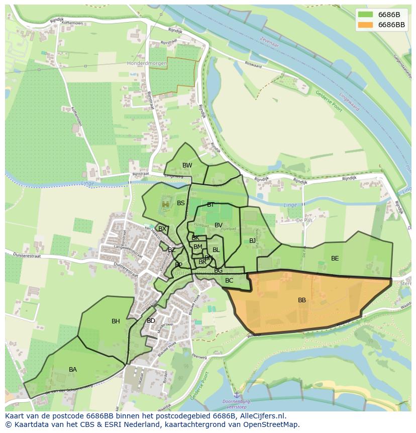 Afbeelding van het postcodegebied 6686 BB op de kaart.
