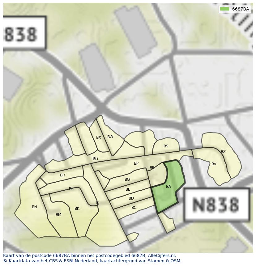 Afbeelding van het postcodegebied 6687 BA op de kaart.