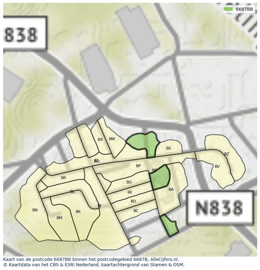 Afbeelding van het postcodegebied 6687 BB op de kaart.