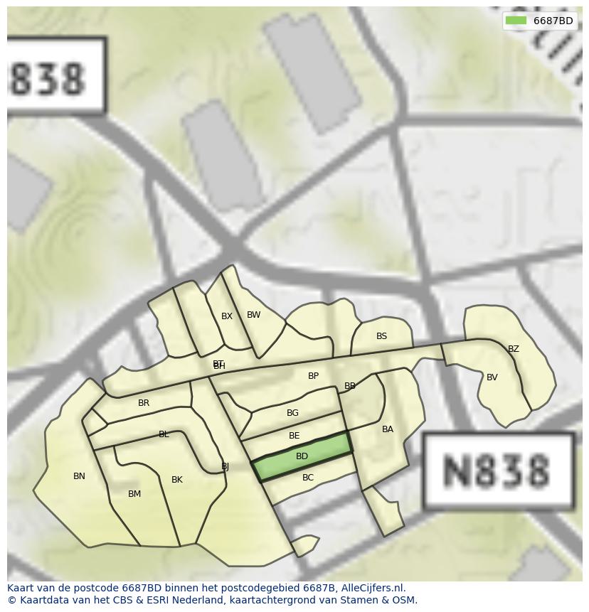 Afbeelding van het postcodegebied 6687 BD op de kaart.