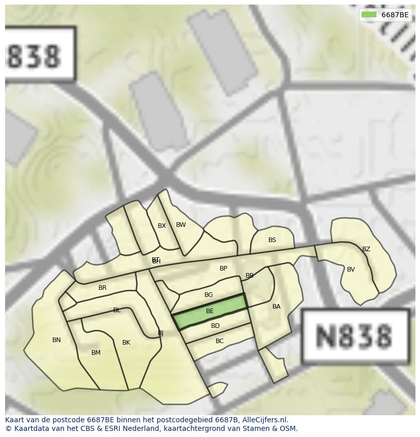Afbeelding van het postcodegebied 6687 BE op de kaart.