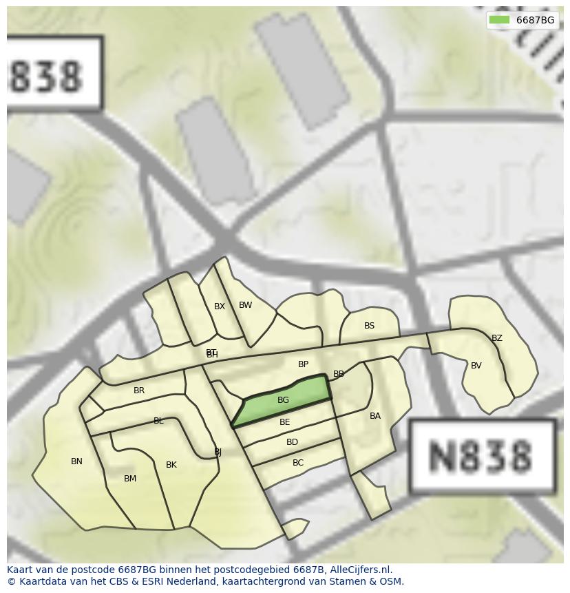 Afbeelding van het postcodegebied 6687 BG op de kaart.