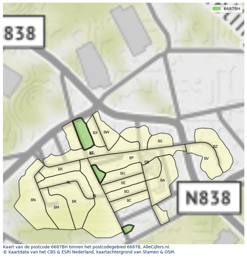 Afbeelding van het postcodegebied 6687 BH op de kaart.