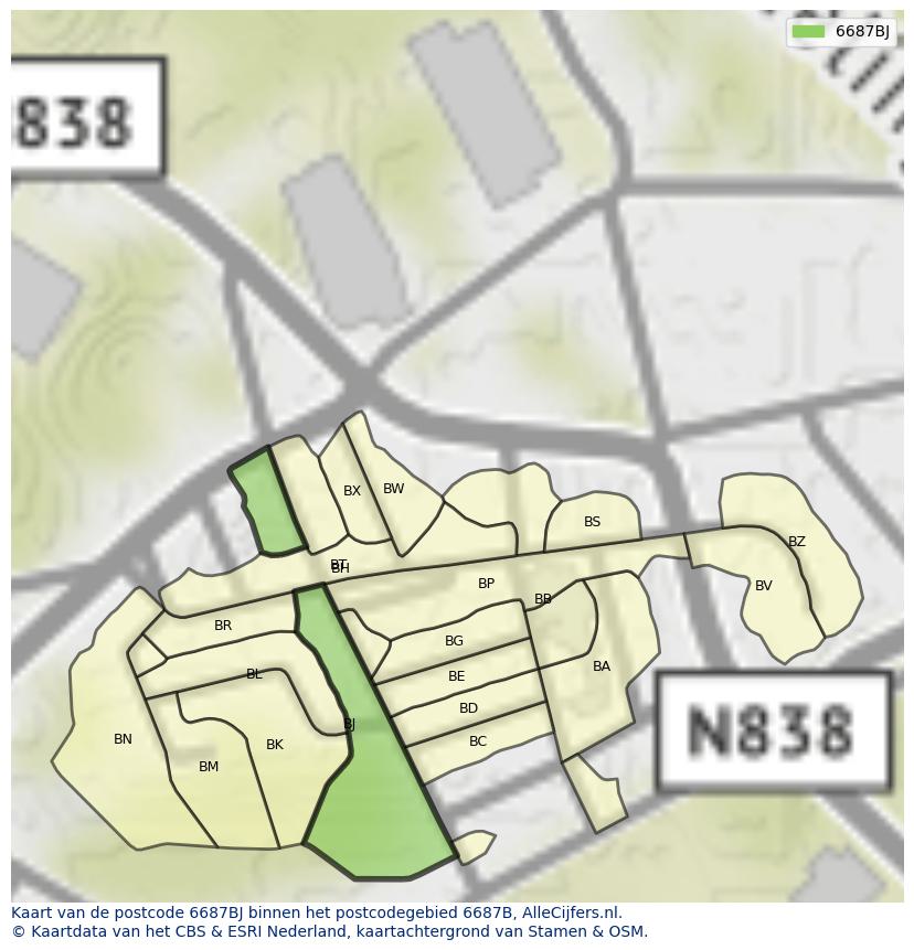 Afbeelding van het postcodegebied 6687 BJ op de kaart.