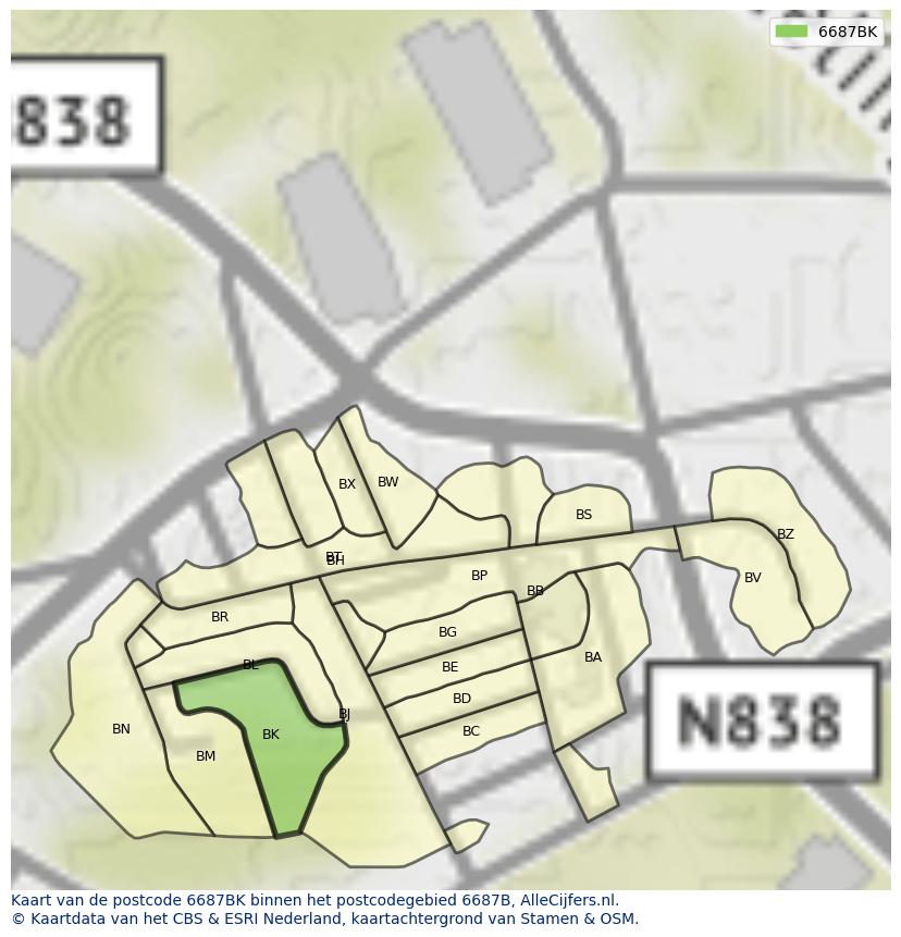 Afbeelding van het postcodegebied 6687 BK op de kaart.