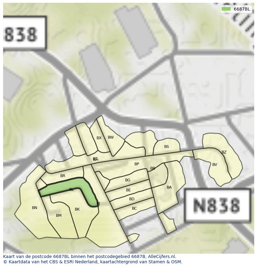 Afbeelding van het postcodegebied 6687 BL op de kaart.