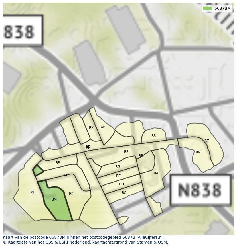 Afbeelding van het postcodegebied 6687 BM op de kaart.