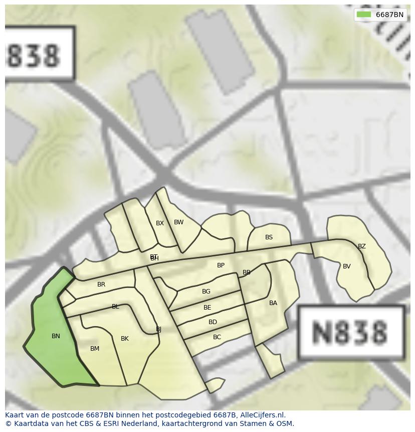 Afbeelding van het postcodegebied 6687 BN op de kaart.