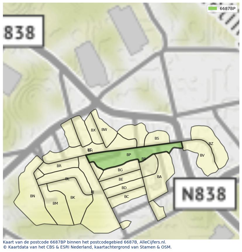 Afbeelding van het postcodegebied 6687 BP op de kaart.