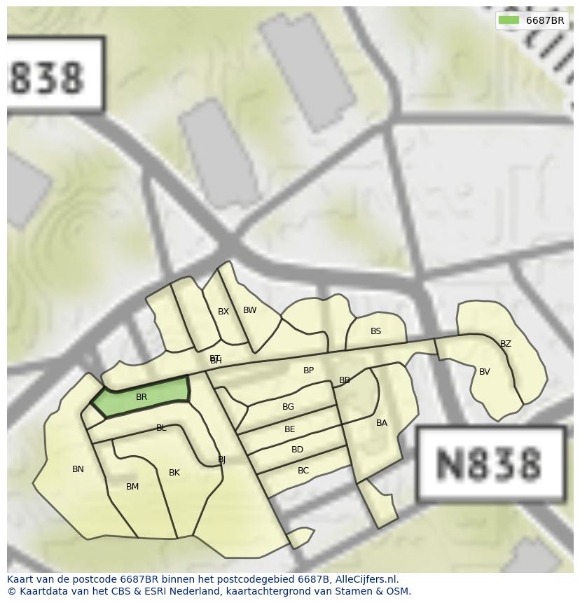 Afbeelding van het postcodegebied 6687 BR op de kaart.