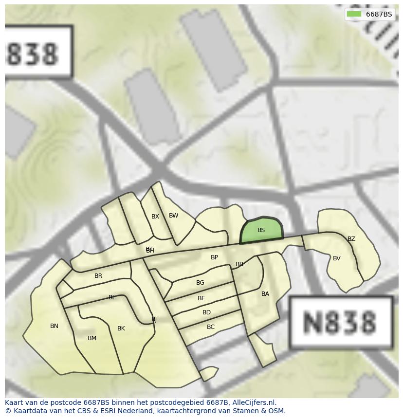 Afbeelding van het postcodegebied 6687 BS op de kaart.