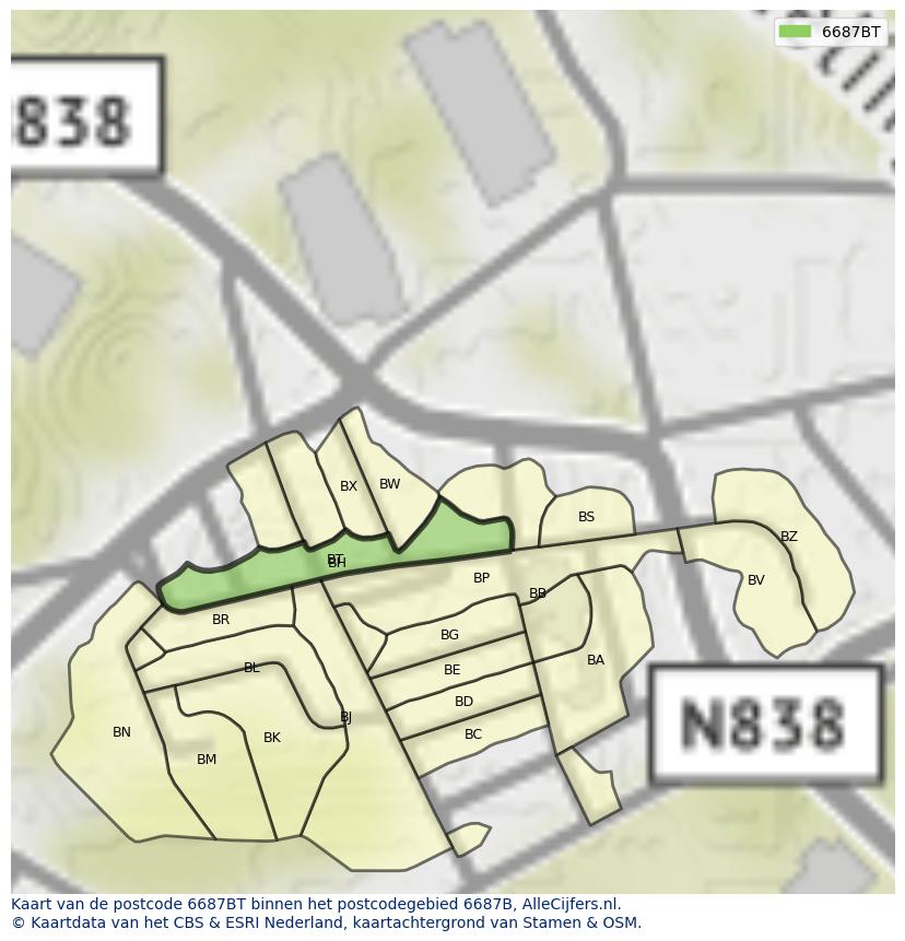 Afbeelding van het postcodegebied 6687 BT op de kaart.