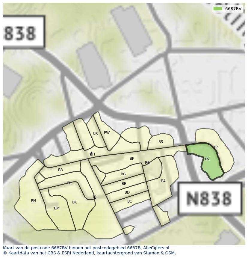 Afbeelding van het postcodegebied 6687 BV op de kaart.