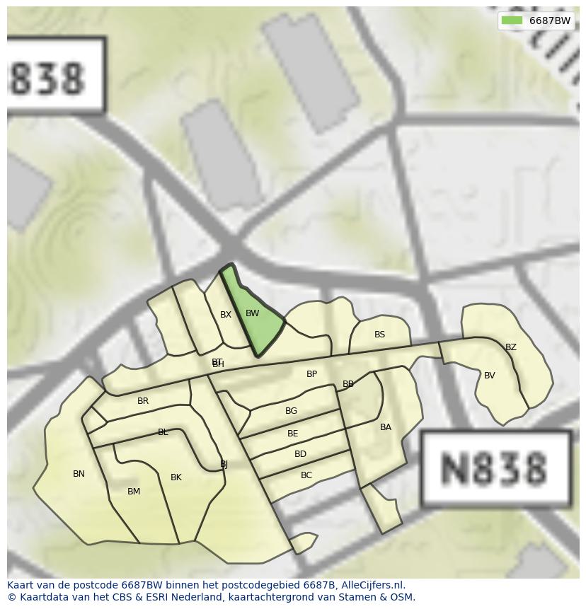 Afbeelding van het postcodegebied 6687 BW op de kaart.