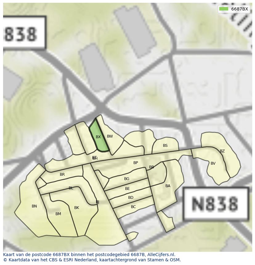 Afbeelding van het postcodegebied 6687 BX op de kaart.