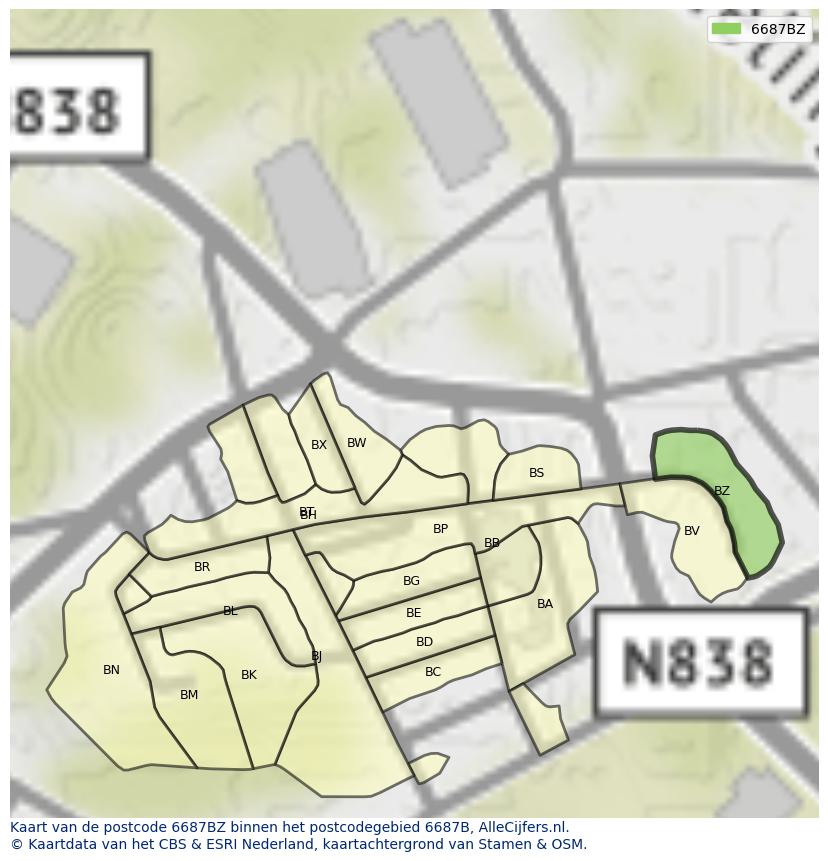 Afbeelding van het postcodegebied 6687 BZ op de kaart.