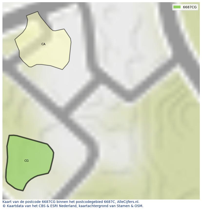Afbeelding van het postcodegebied 6687 CG op de kaart.