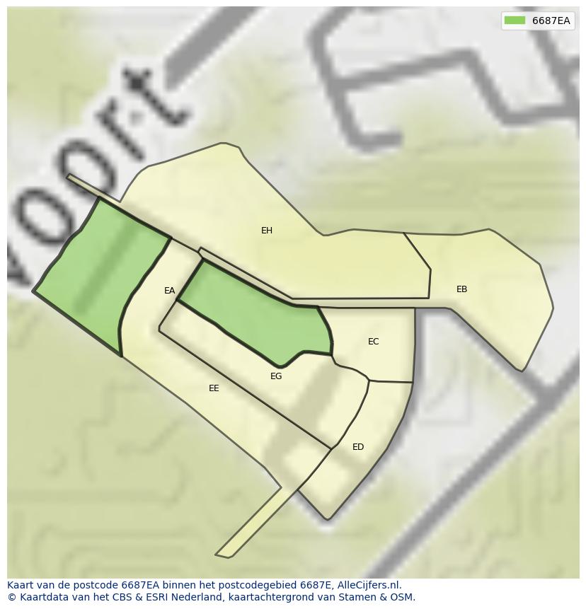 Afbeelding van het postcodegebied 6687 EA op de kaart.