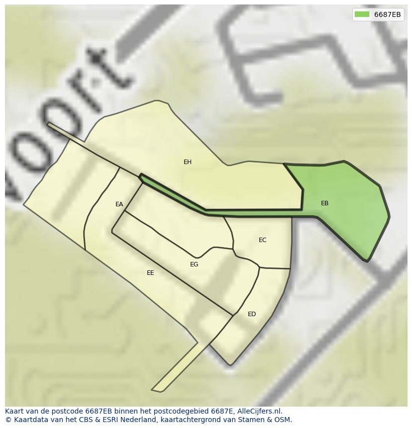Afbeelding van het postcodegebied 6687 EB op de kaart.