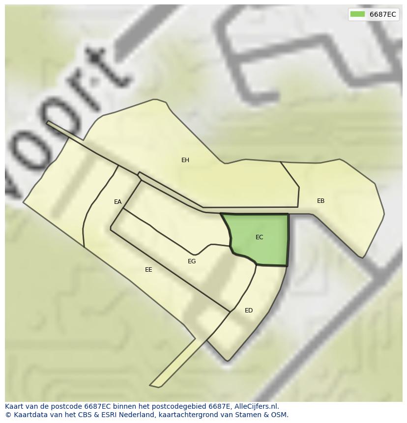 Afbeelding van het postcodegebied 6687 EC op de kaart.