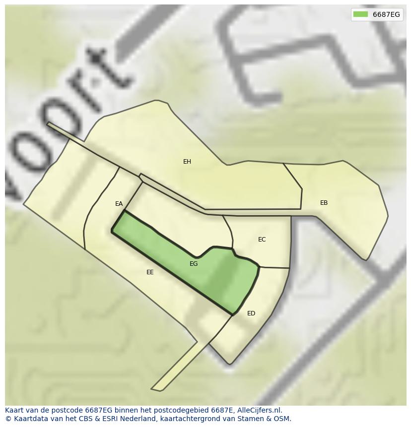 Afbeelding van het postcodegebied 6687 EG op de kaart.