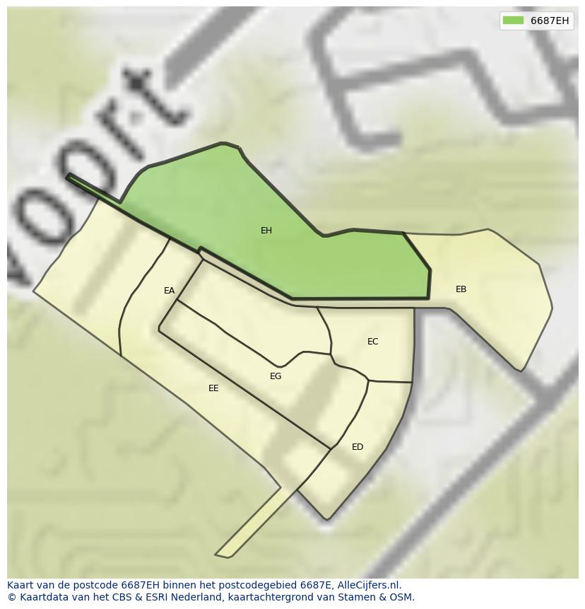 Afbeelding van het postcodegebied 6687 EH op de kaart.