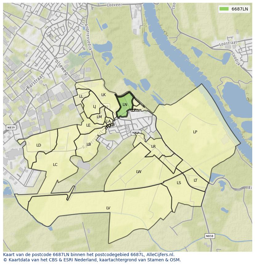 Afbeelding van het postcodegebied 6687 LN op de kaart.