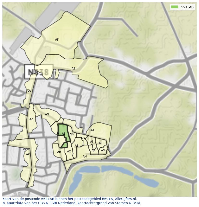 Afbeelding van het postcodegebied 6691 AB op de kaart.