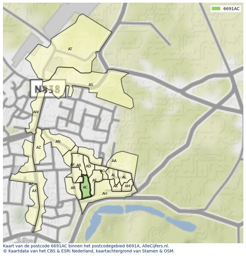 Afbeelding van het postcodegebied 6691 AC op de kaart.