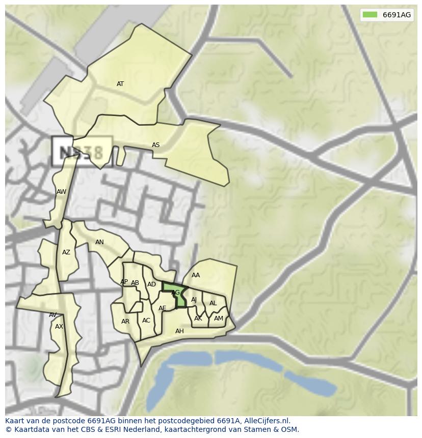 Afbeelding van het postcodegebied 6691 AG op de kaart.