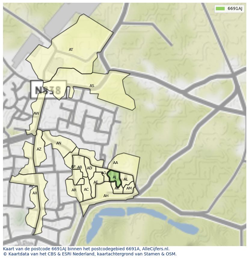 Afbeelding van het postcodegebied 6691 AJ op de kaart.